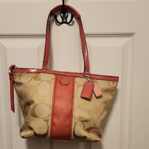 Coach Beige Signature Canvas Tote with Coral Trim